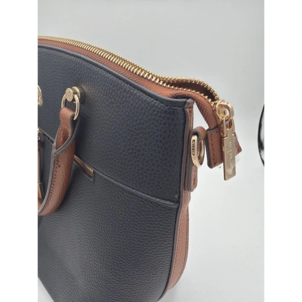 Anne Klein Lion Logo Pebbled Faux Leather Satchel Shoulder Bag Black Brown. 3879